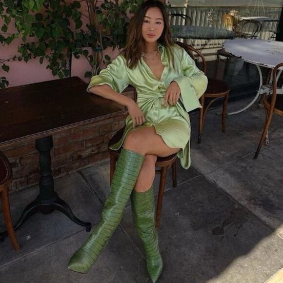 New Song of Style Marta Pistachio Green Mini Dress Wrap XS Revolve Satin - Picture 4 of 14